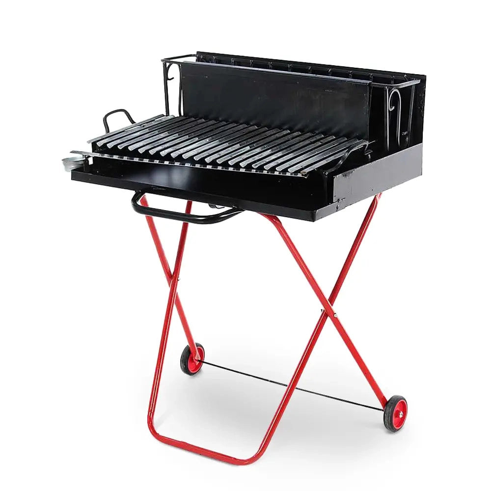 Barbecue a Legna Portatile con Griglia in Acciaio Inox, Ripiano Recupera Grassi, Pieghevole con Ruote, Made in Italy, Con tira braci e bicchiere raccogli olio OMAGGIO (LARGE)