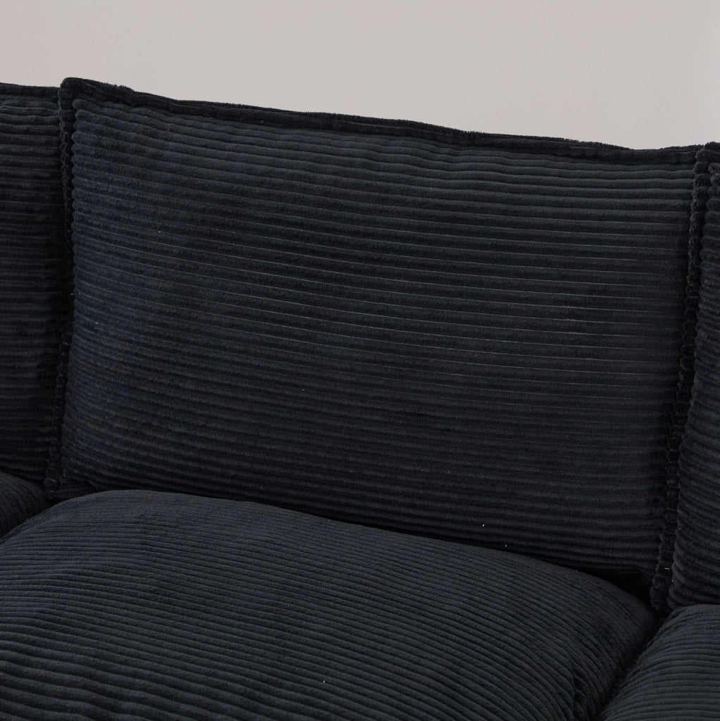 Divano modulare 2 posti in corduroy nero con 2 pouf; USB-C e tasche laterali 190x132x84 cm