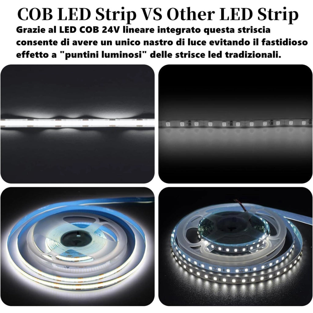 Striscia 1600 LED COB lineare 50W bobina strip flessibile adesiva 24V 5100lm nastro luce continua colorata decorativa interni IP20 3000K