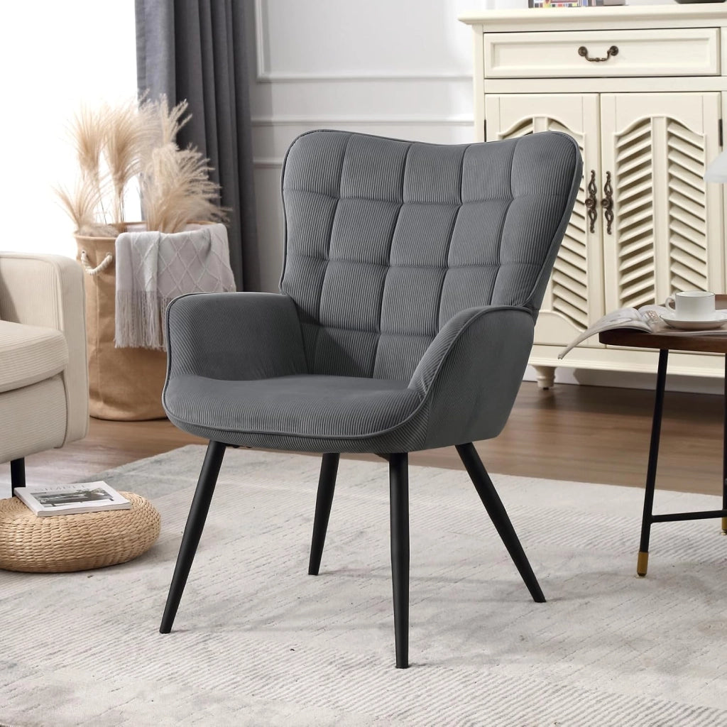 Poltrona Relax ad Ala, Poltrona Salotto Braccioli Alti, Sedia Poltrona per Camera da Letto, Soggiorno, Sedile in Velluto a Coste, Gambe in Metallo, Motivi a Quadri, Grigio Scuro, SKS31dgr