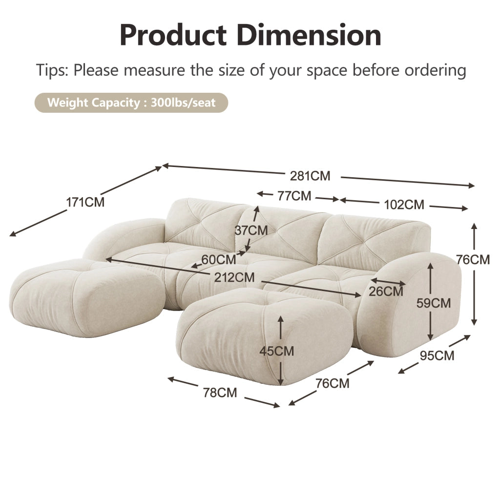 Sofa modulare a 3 posti - Zephmum - Forma a U, include 2 pouf, tessuto comodo, design antiscivolo, facile montaggio, bianco