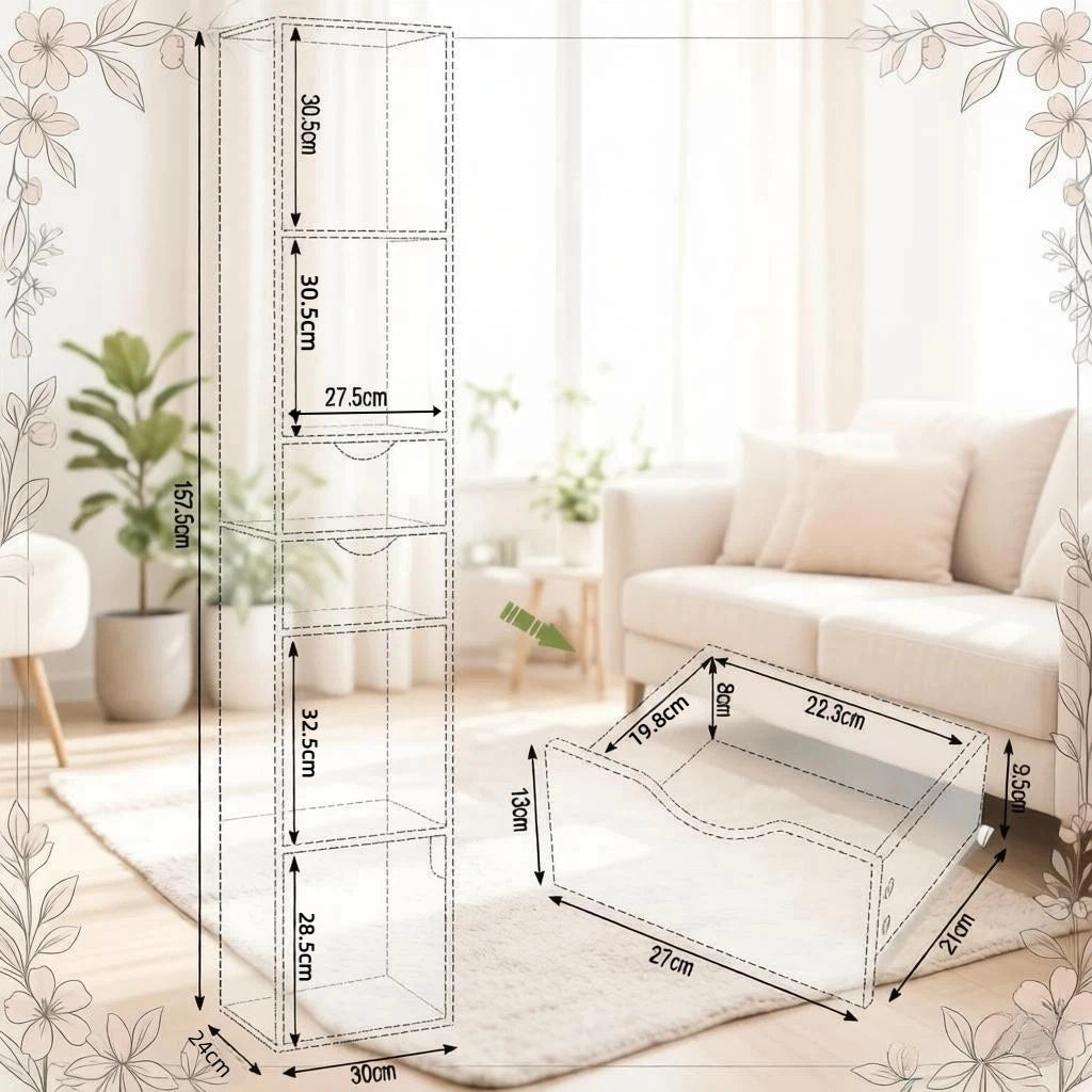 Libreria con 3 vani aperti 2 cassetti e anta, per soggiorno, in legno rovere chiaro 30 × 157,5 × 24 cm