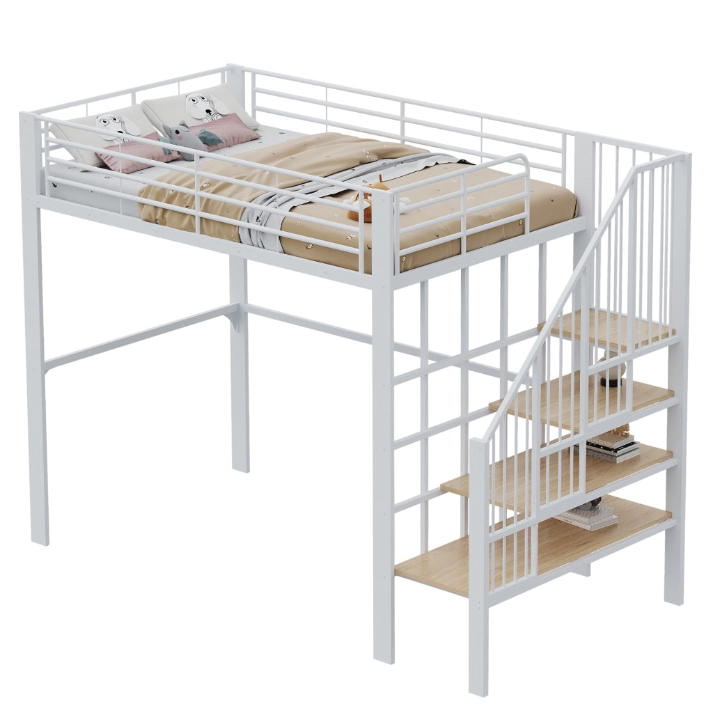 OKWISH Letto a Soppalco 140×200 cm, Letto Matrimoniale con Scala, Ampio Spazio Contenitore, senza Materasso, in Metallo e Legno, Bianco