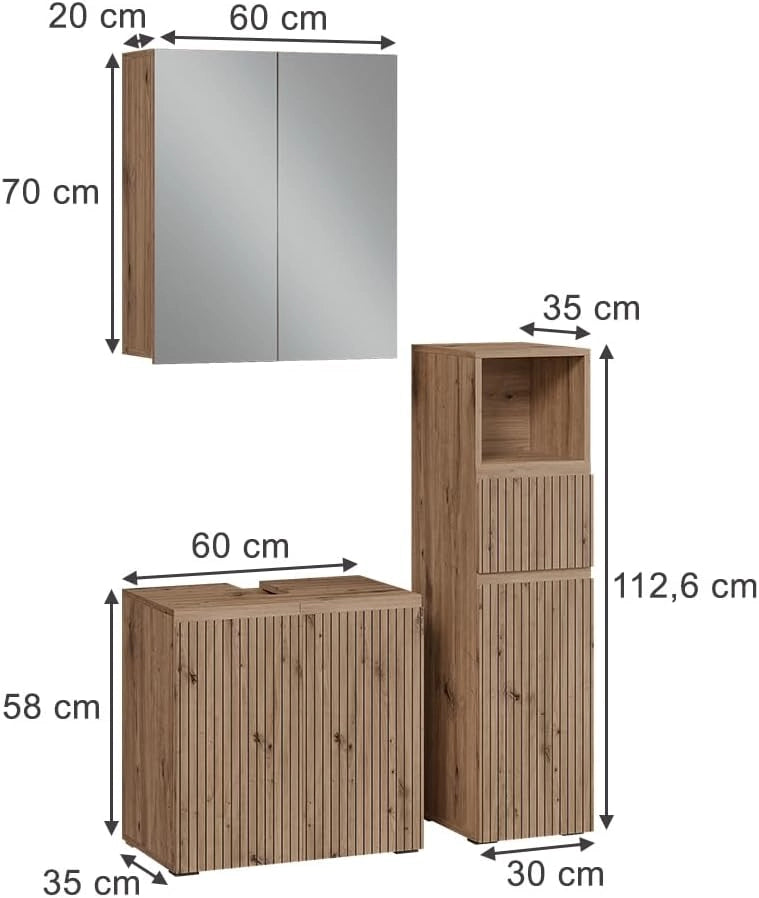 Set di mobili da bagno 3 pezzi Takumi, Artigiano, 60 cm, composto da mobile sottolavabo, specchiera e mobile medio