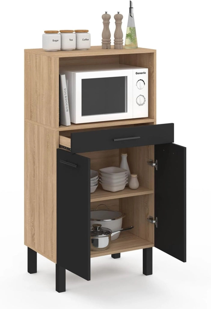 Credenza CINA 60 cm in faggio e nero per microonde di fascia media con 1 cassetto e 2 ante