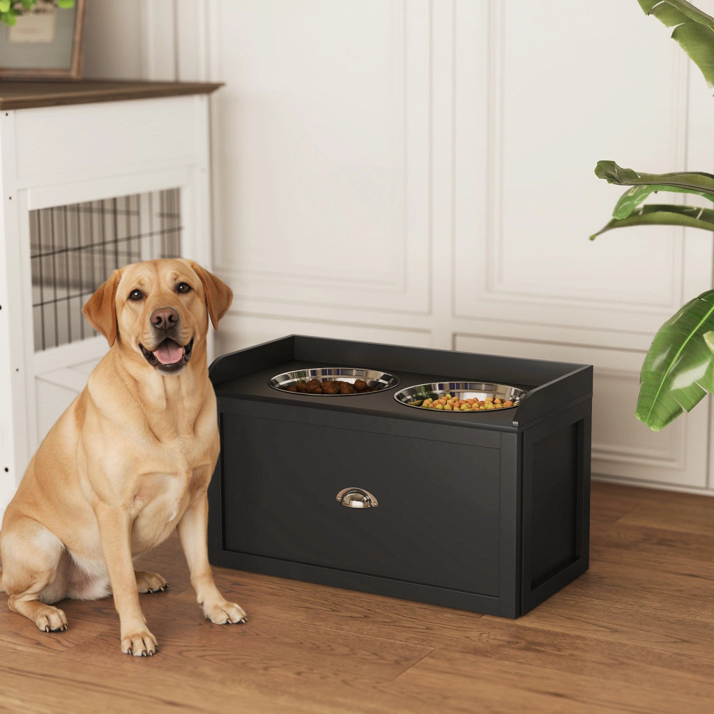 Porta Ciotole per Cani e Gatti con Cassetto ¨C Zephmum ¨C Acciaio Inox MDF Nero