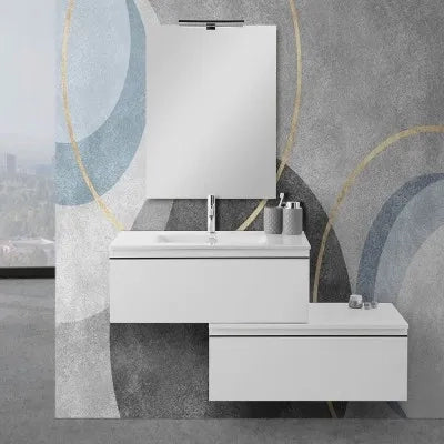 Mobile sospeso 80 cm bianco lucido doppia base lavabo e specchio Iside