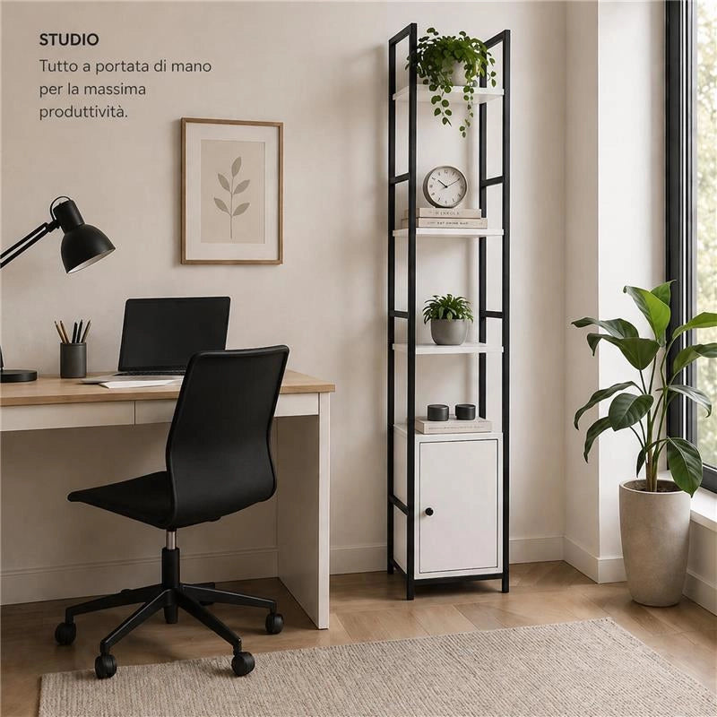 SCAFFALE STILE INDUSTRIAL IN LEGNO E METALLO CON 3 RIPIANI E 1 ANTA DIMENSIONI 29X24X144CM - COLORE BIANCO LEGNO
