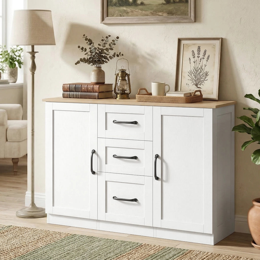 Cassettiera con ante ¨C zephmum ¨C 110x35x80,4cm bianco e legno naturale