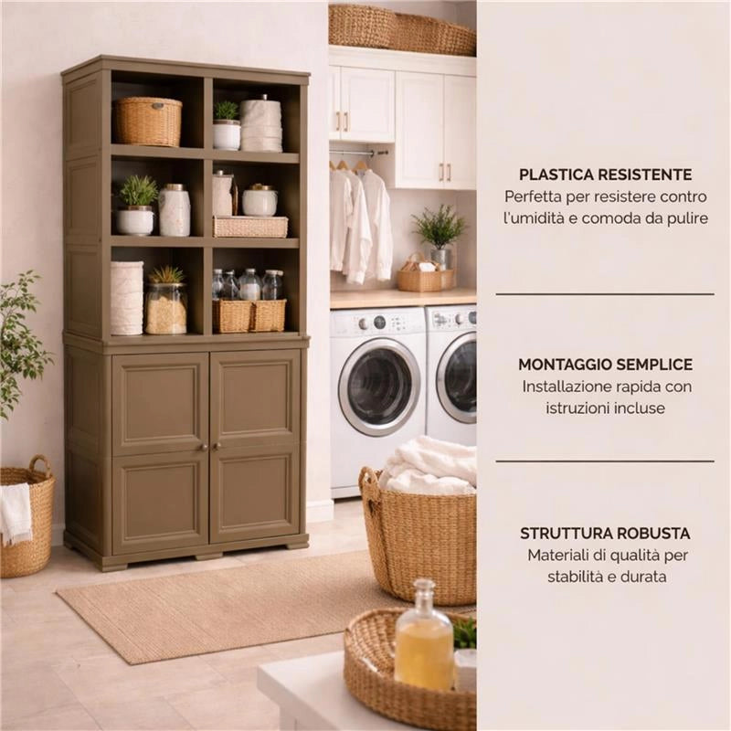 ARMADIO 2 MODULI CHIUSI E 3 MODULI SCAFFALE WENGÉ 79X43X203 CM – MOBILE CONTENITORE MULTIUSO ALTO PER SALOTTO, PERGOLATO E BALCONE COPERTO