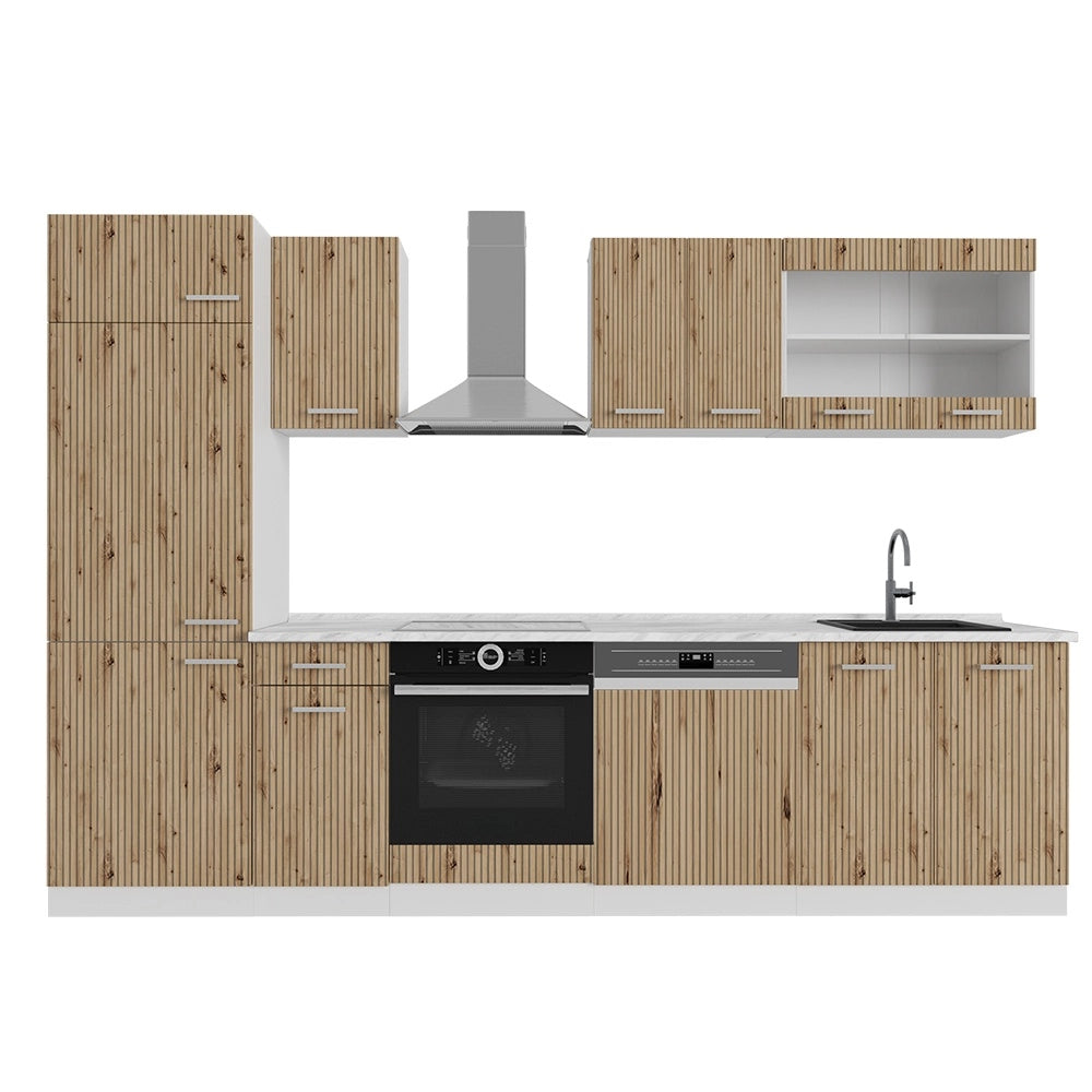 Cucina componibile R-Line Rovere artigianale/Bianco 300 cm senza piano di lavoro Vicco