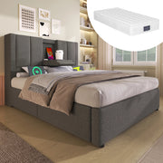 Letto imbottito 90x200 cm con porta bicchiere e stazione di ricarica, contenitore idraulico, con materasso, grigio