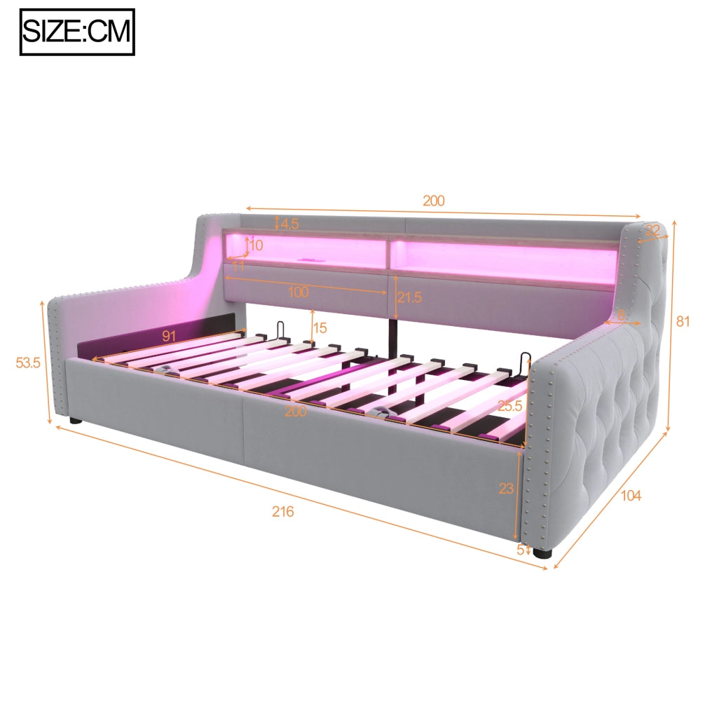 Divano letto imbottito 90 x 200 cm con vano contenitore e illuminazione LED