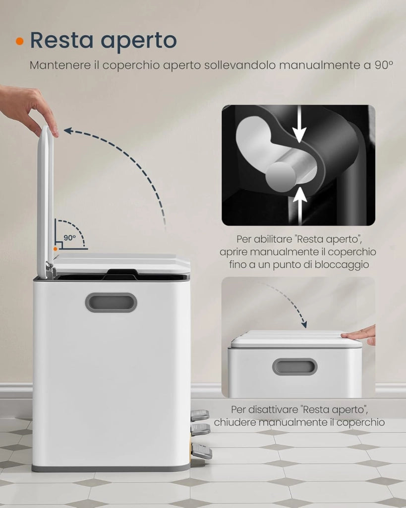 Cestino da Cucina Tripla, Pattumiera per Raccolta Differenziata 3 x 15 L con Pedali Colorati, Raccolta Differenziata, Coperchio e Secchi Interni, Acciaio, Bianco Nuvola