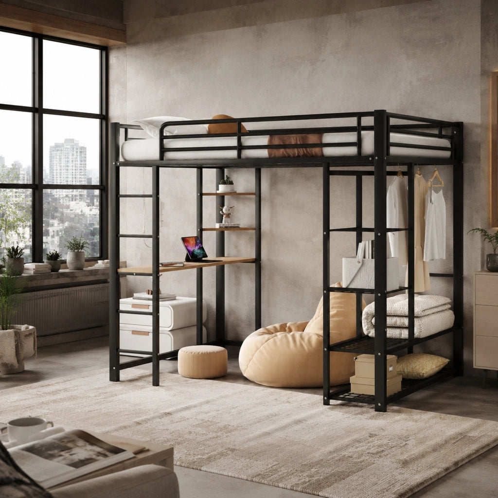 Letto a soppalco in metallo 140x200 cm con scrivania, guardaroba e ripiani, nero