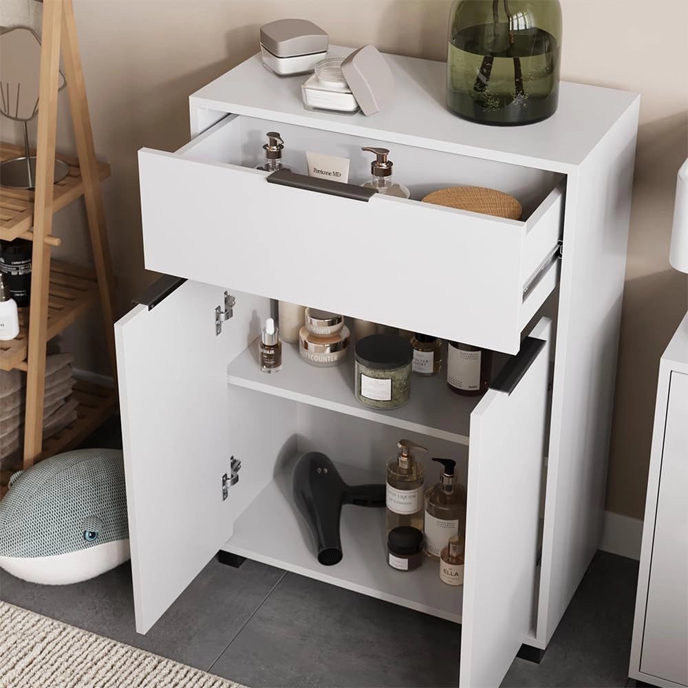cassettiera da bagno Alina, Bianco, 60 x 86 cm con 3 scomparti, per la conservazione in bagno e combinabile con mobili