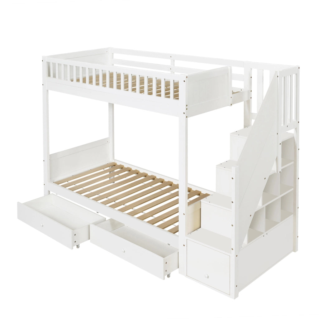 Letto a castello per bambini 90x200 cm in legno bianco con scala contenitore; 2 cassetti e barriera di sicurezza