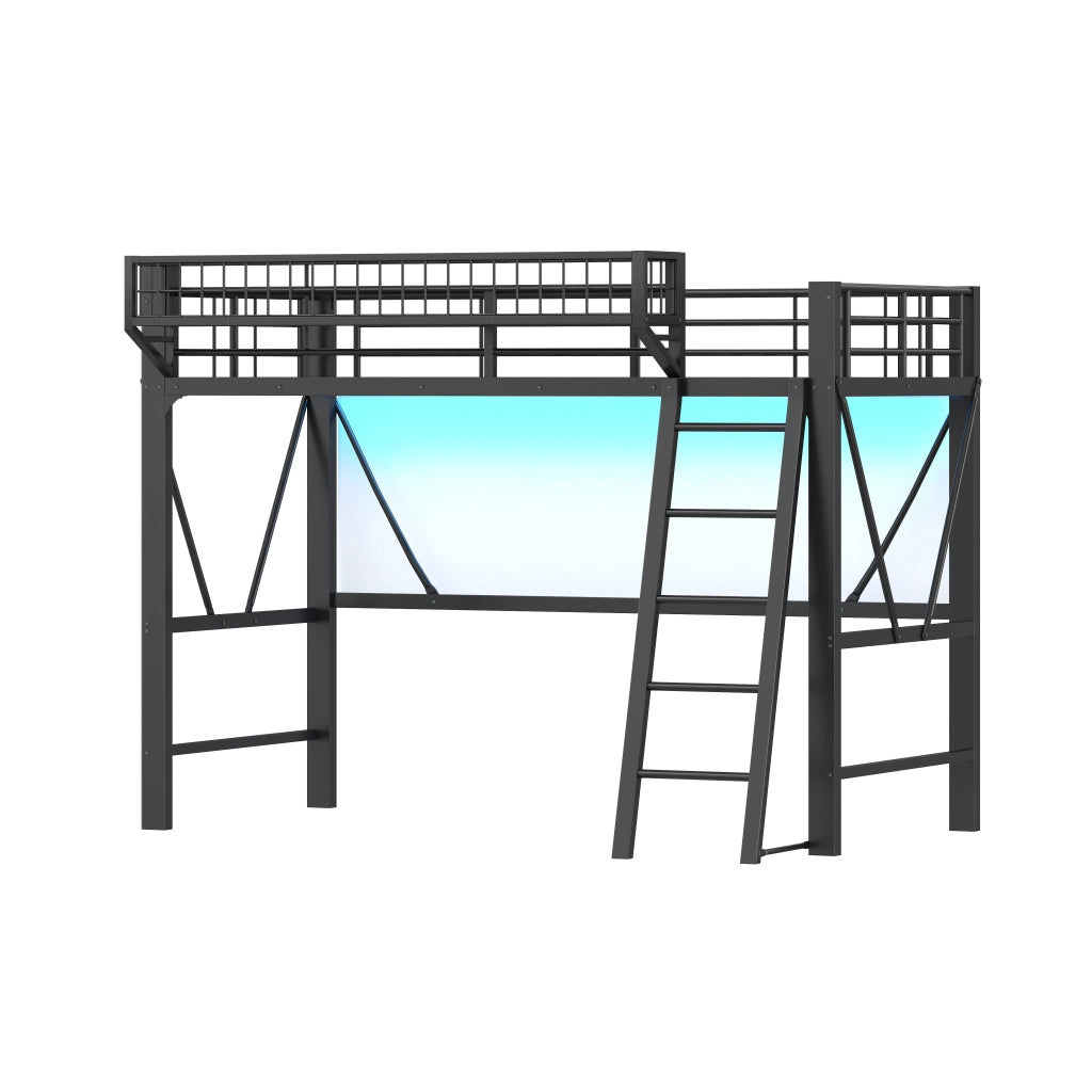 DESMIU Letto a soppalco 90 × 200 cm con cestino, luce LED e scala, senza materasso, in metallo, nero
