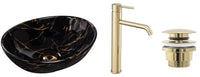 Set Lavabo Da Appoggio Sofia Marble Black + Rubinetto Da Bagno Lungo Gold + Tappo Gold