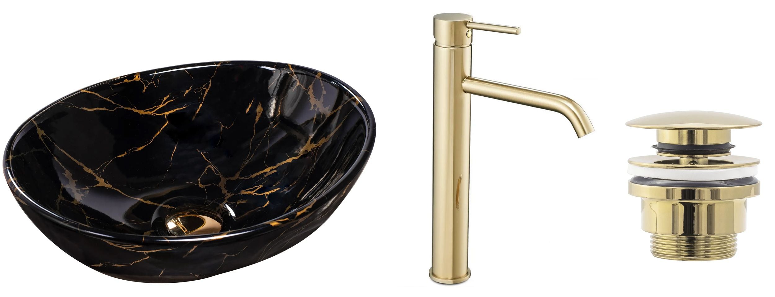Set Lavabo Da Appoggio Sofia Marble Black + Rubinetto Da Bagno Lungo Gold + Tappo Gold