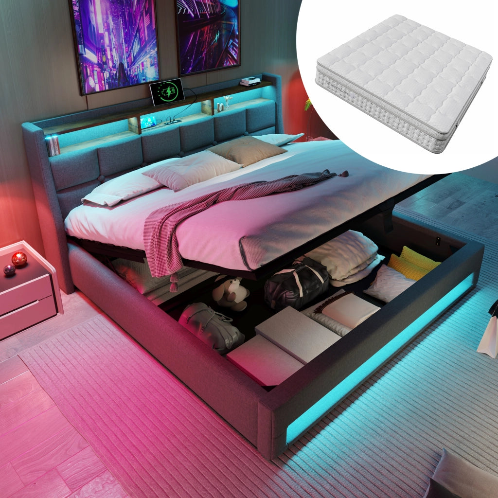 LETTO LED con USB 140x200 cm Grigio in lino con materasso incluso