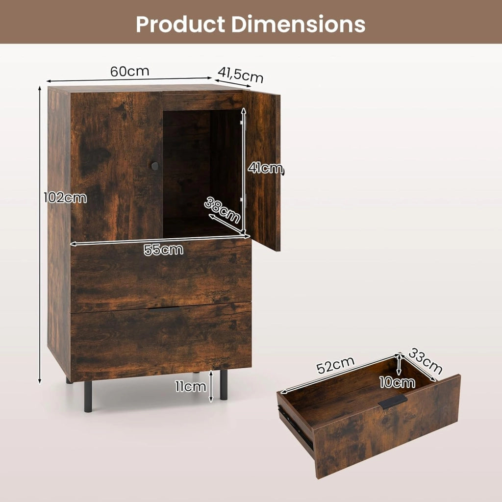 Credenza, cassettiera con 2 cassetti e 2 ante, con robusti piedini in metallo e protezione antiribaltamento, 60 x 41,5 x 102 cm (marrone)