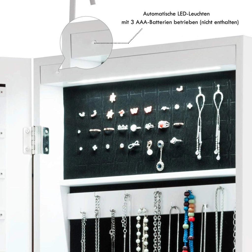 Armadietto Portagioie con 15 LED da Appendere alla Porta, Armadietto a Specchio Chiudibile con Specchio Completo, 5 Scomparti e 2 Cassetti, 120x36,5x10 cm, Bianco