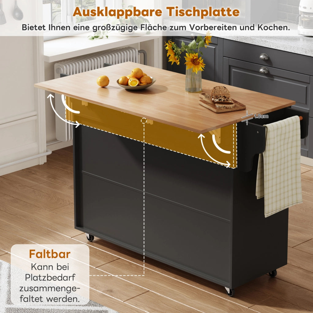 Isola da cucina mobile con piano pieghevole 145x70x94;5 cm in MDF nero con 5 ruote