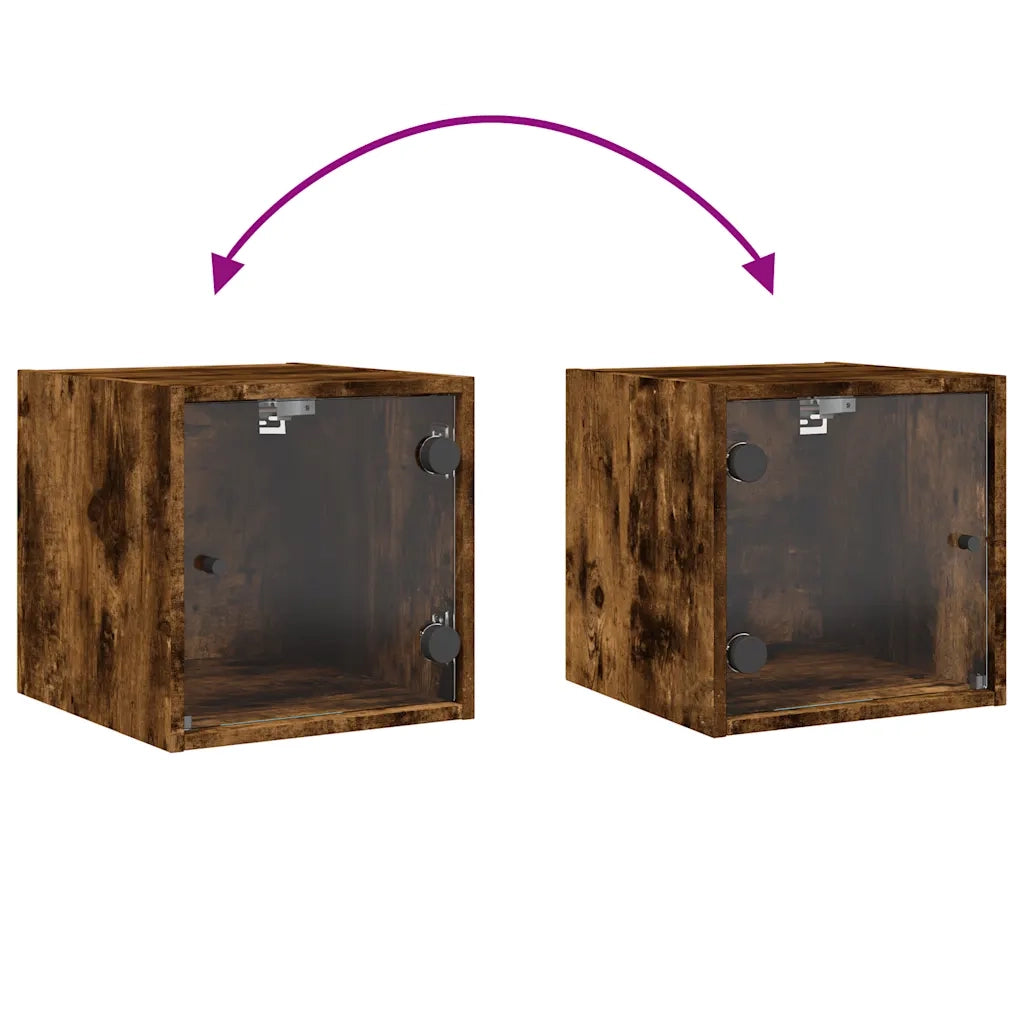 Comodino con Anta in Vetro-Tavolino da notte Rovere Fumo 35x37x35 cm