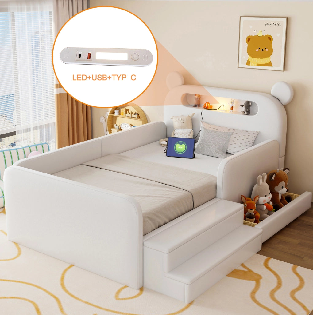 Letto imbottito per bambini 90 x 200 cm con testiera a orsetto; contenitore; luce notturna e USB; bianco