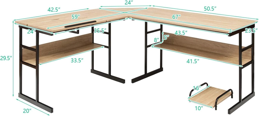 Scrivania ad angolo a forma di L 170 cm, Scrivania per computer con 2 ripiani, vassoio inclinabile, supporto per unità centrale, tavolo da computer, poco ingombrante, stile industriale
