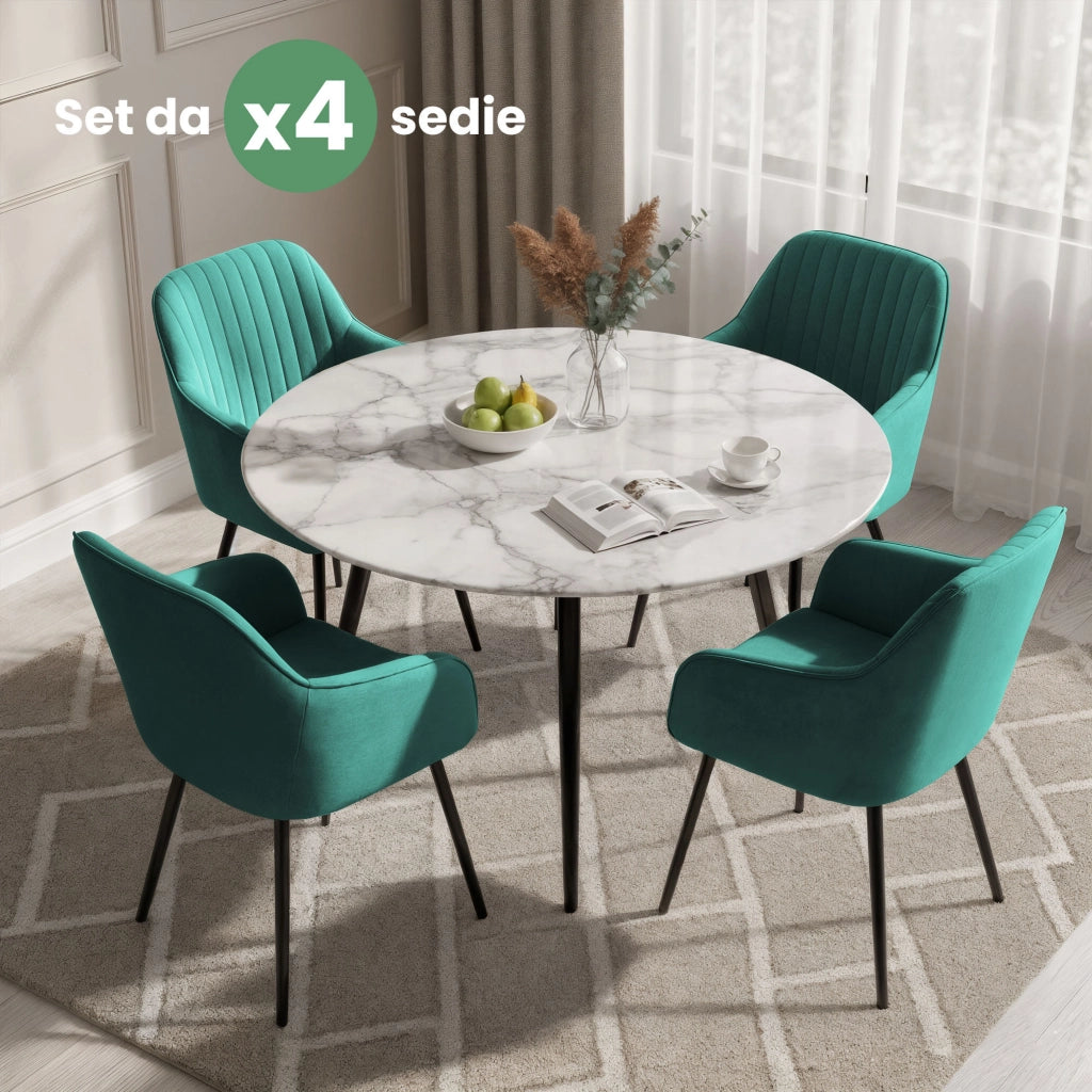 Set di 4 Sedie in velluto con cuciture verticali FLORENCE Verde Bottiglia gambe nere