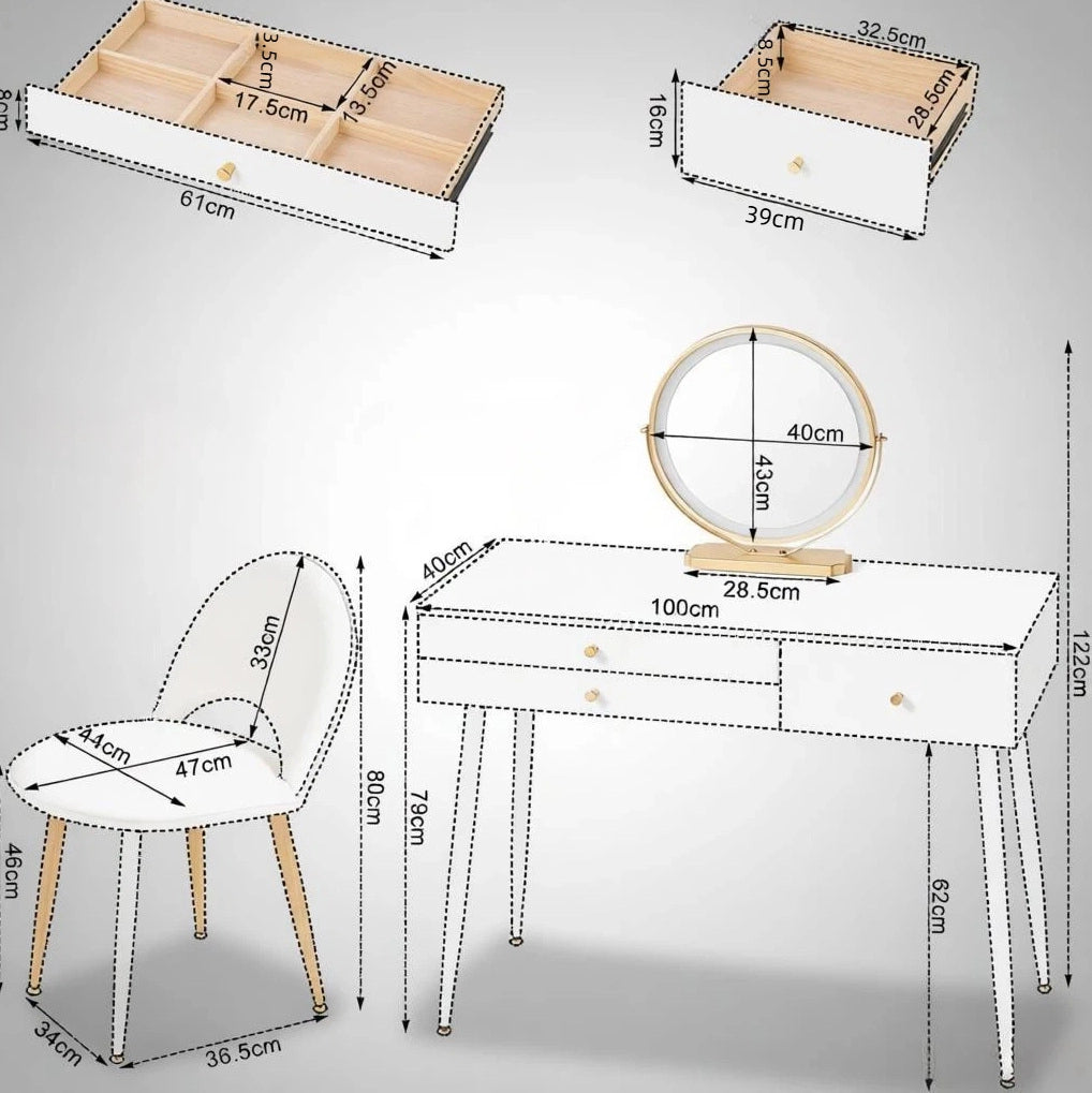 Tavolo trucco con specchio LED, 3 cassetti e sedia