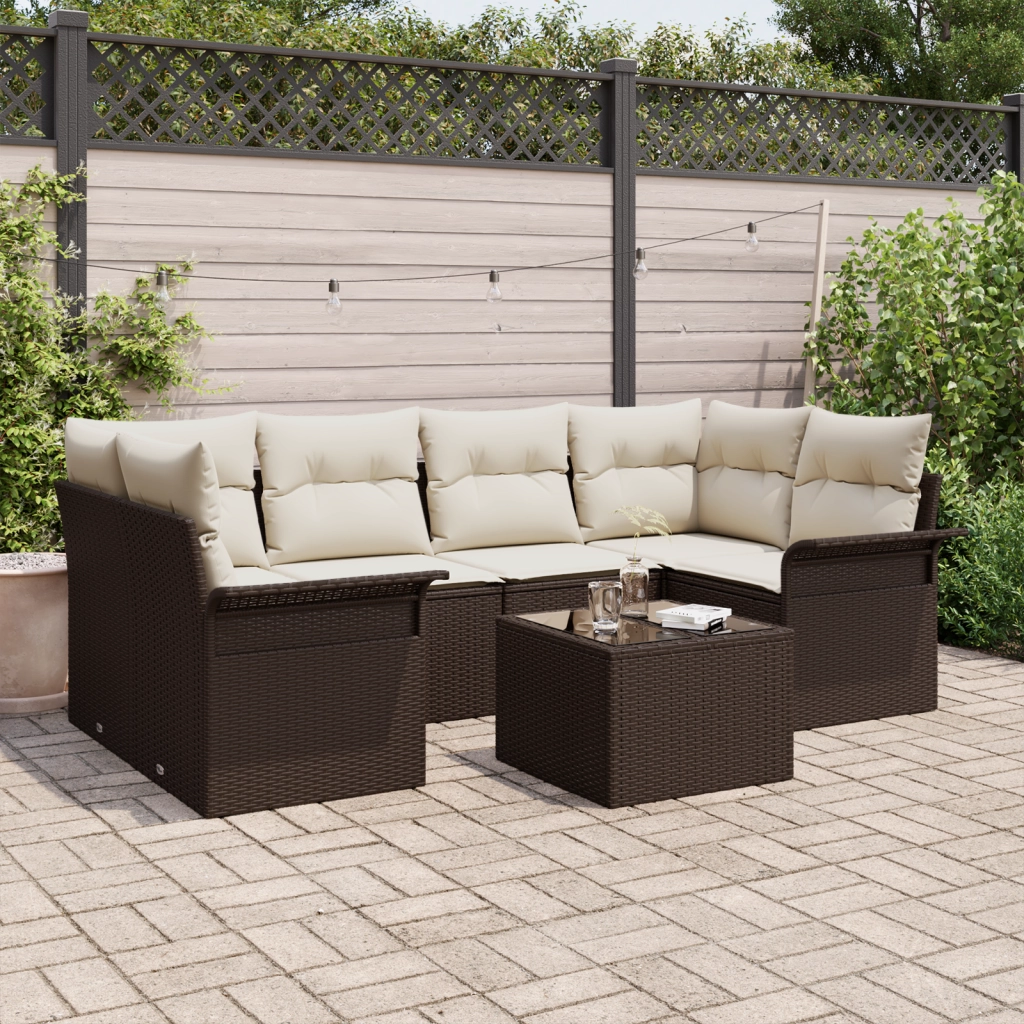 Set Divano da Giardino 7 Pezzi con Cuscini Marrone Polyrattan