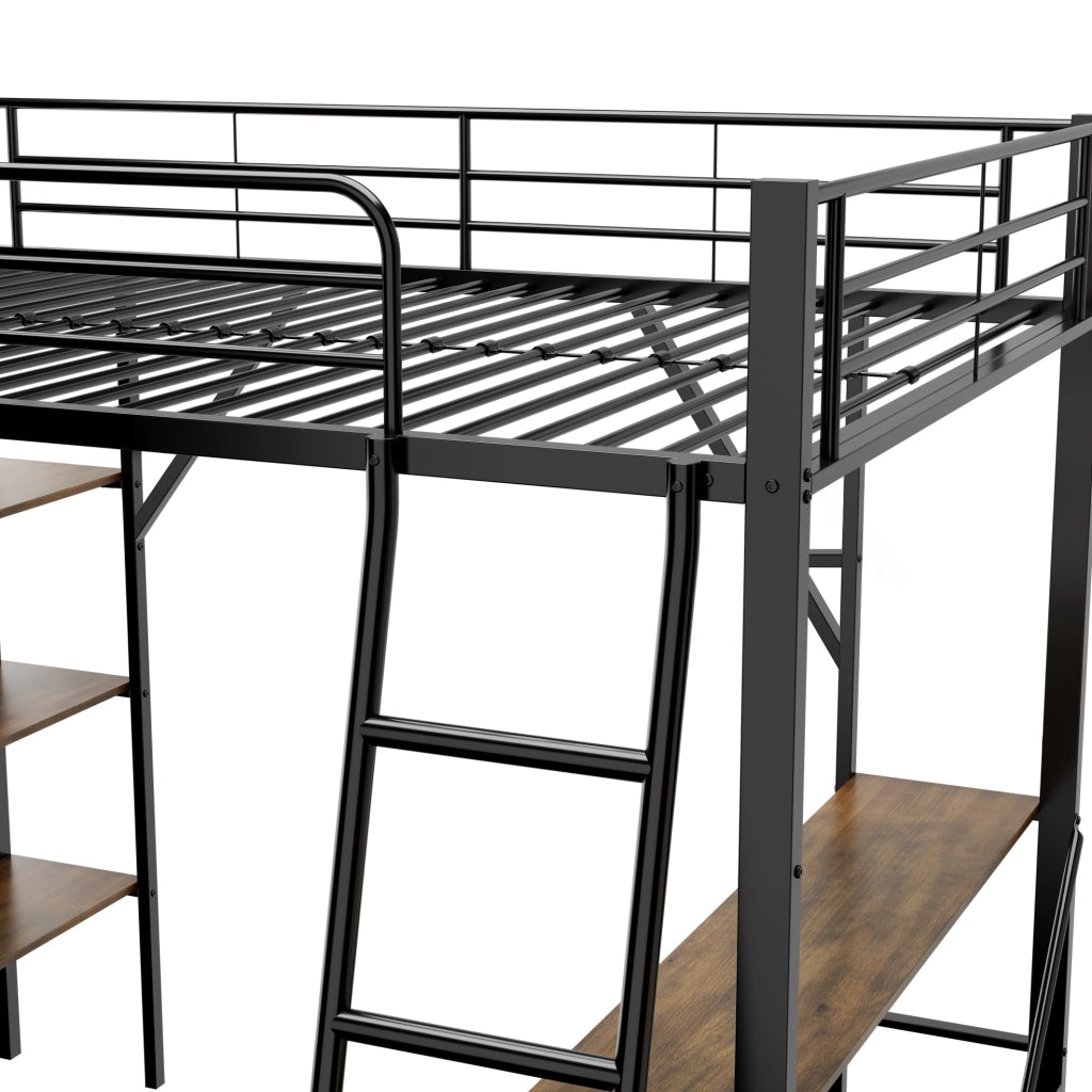 Letto a soppalco 90x200 cm nero con scrivania e 3 ripiani