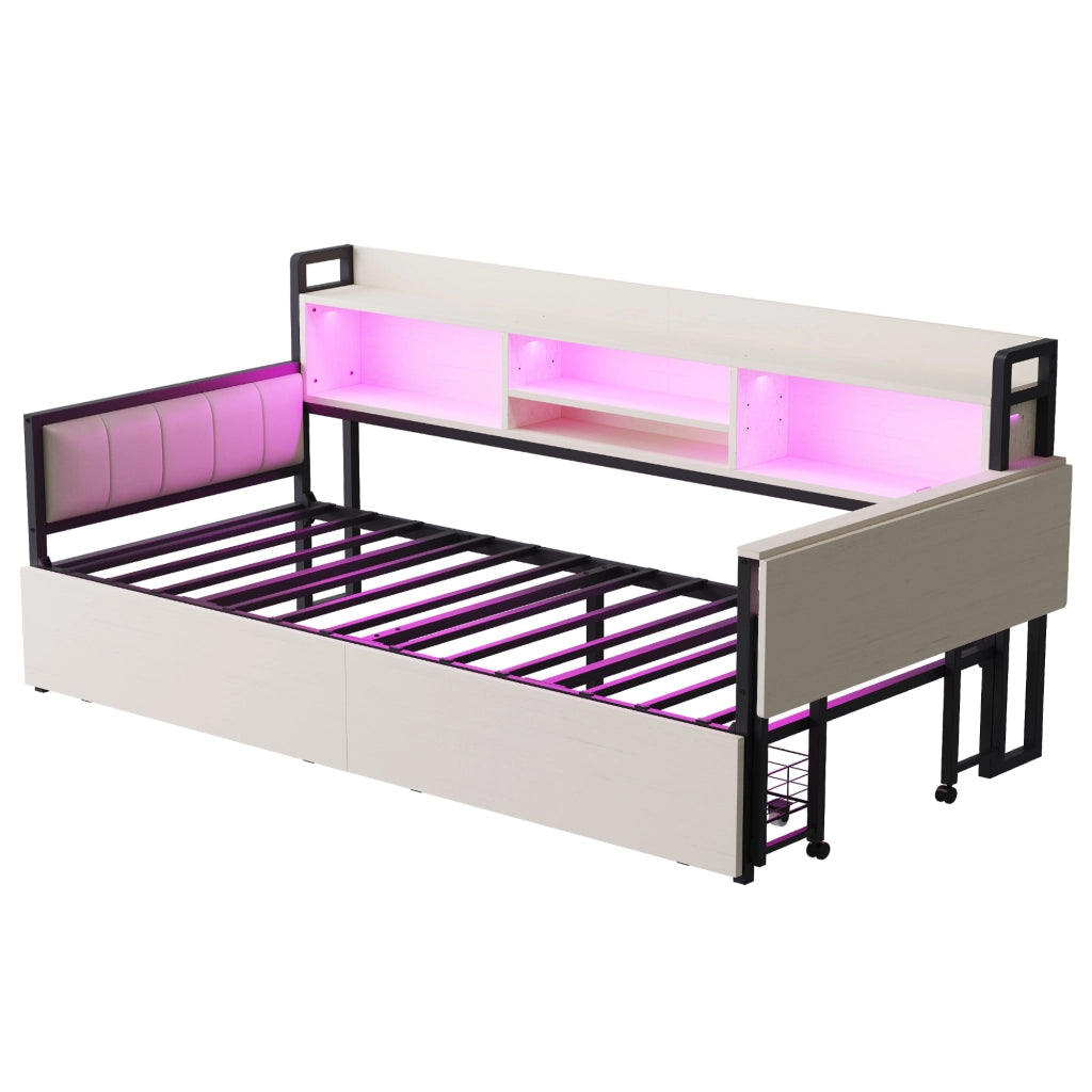 OKWISH Letto a Divano 90×200 cm, Letto Singolo con 2 Cassetti, LED, USB, Tipo C e Scrivania Ribaltabile, senza Materasso, Metallo, Bianco