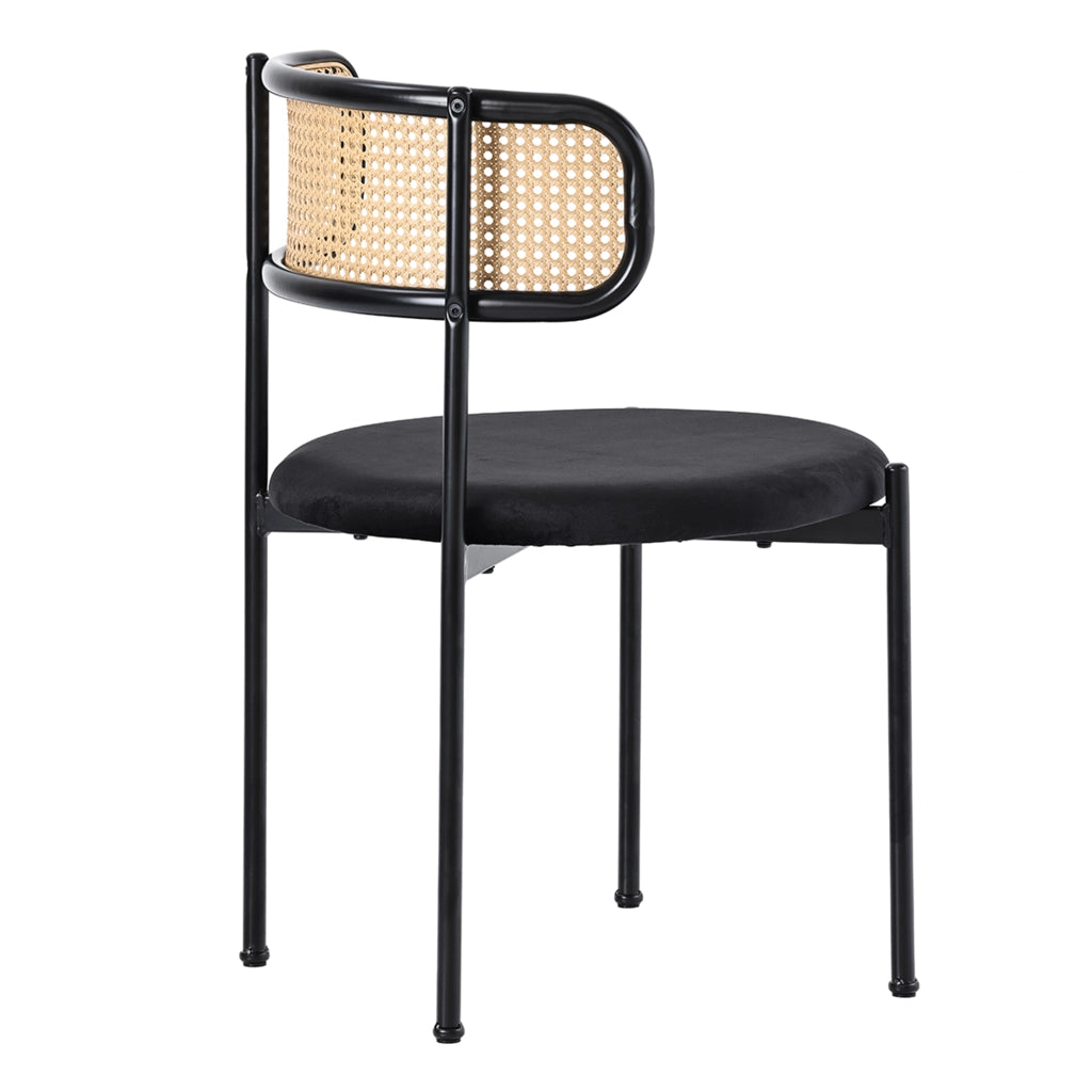 Set di 6 sedie da pranzo in velluto nero con schienale in rattan, gambe in metallo, design moderno