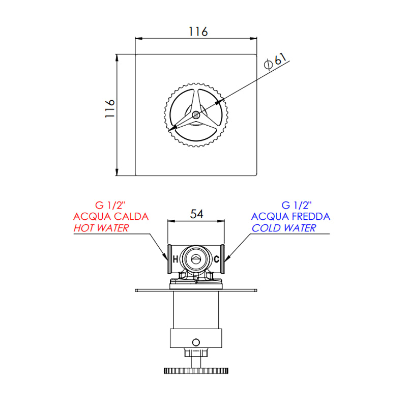 Miscelatore vasca doccia da incasso senza deviatore su piastra quadrata ultra-piatta - serie Chrono