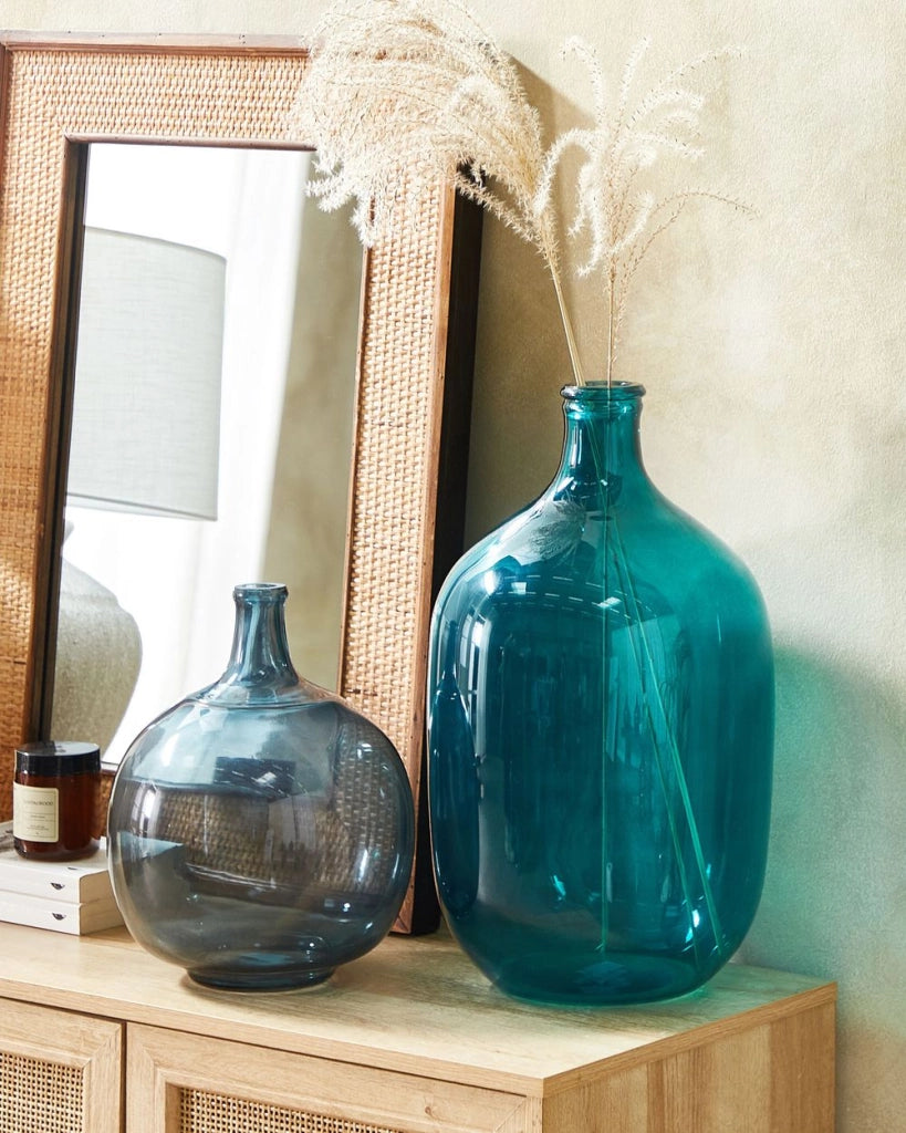 Vaso decorativo in vetro turchese 48 cm decorativo fatto a mano rotondo a forma di bocciolo da tavolo decorazione della casa design moderno
