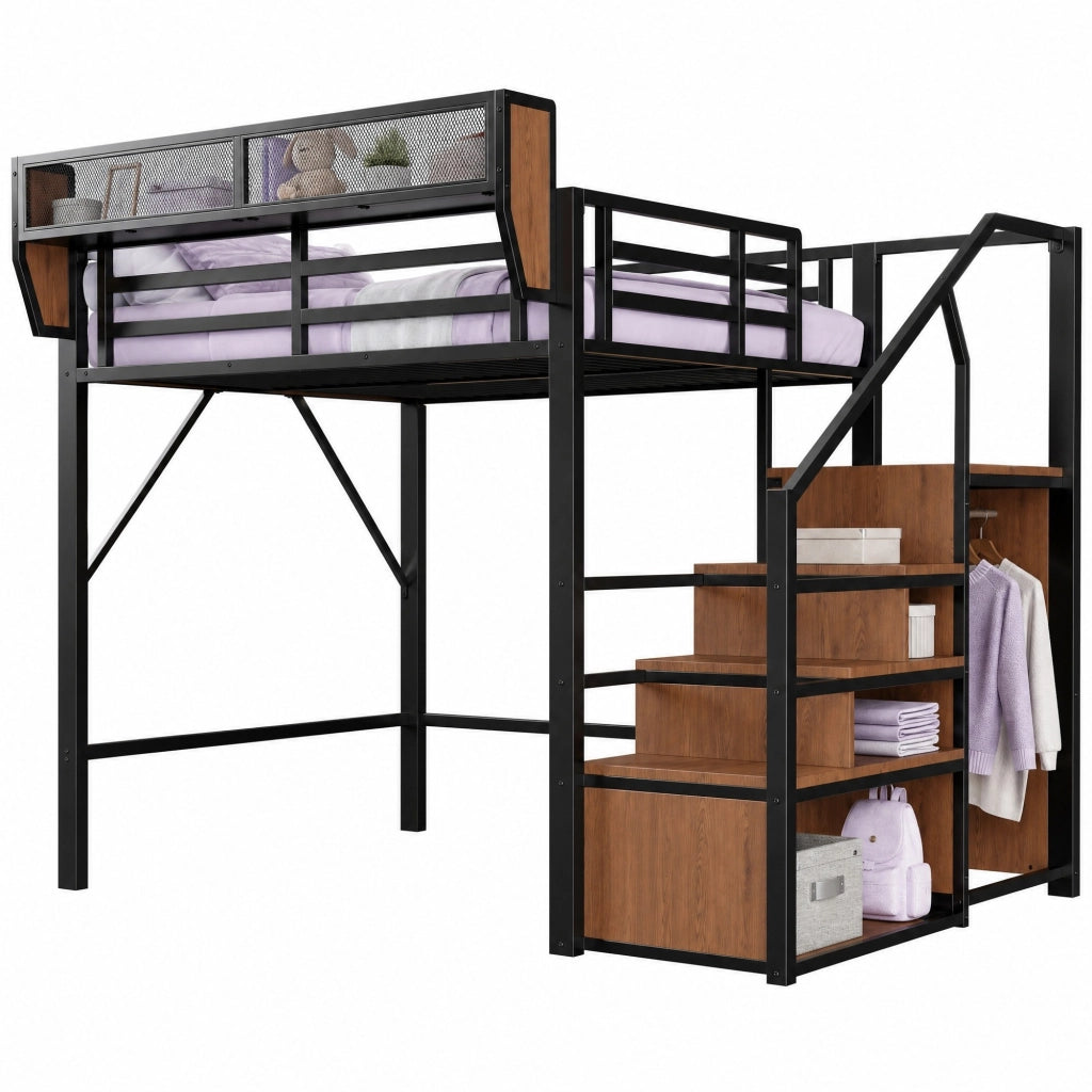Letto a soppalco 140x200 cm in metallo con scala di sicurezza, ripiani flessibili e striscia LED, nero