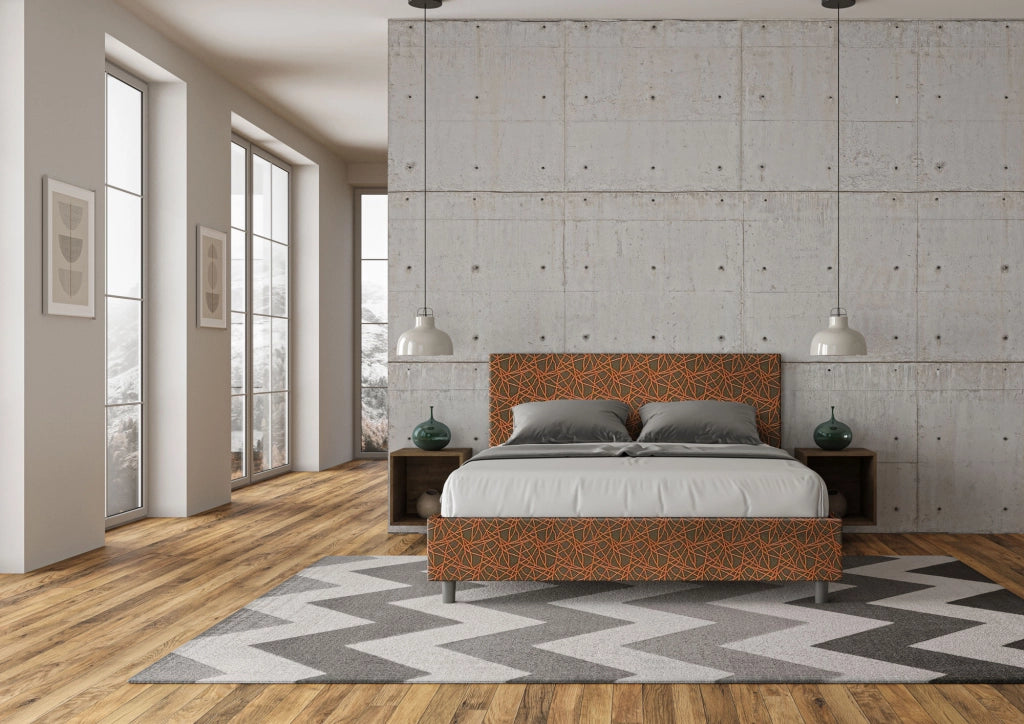 Letto Matrimoniale 160x200 cm con Rete e Contenitore Giroletto con Alzata Comoda Imbottito in Tessuto Era Adele Arancio