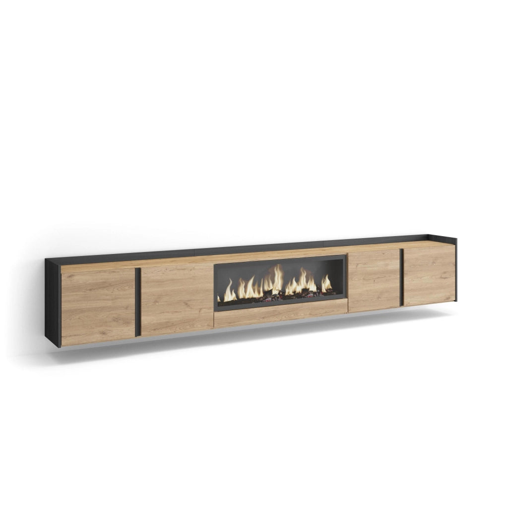 Mobile TV Soggiorno, 315x50x35 cm, Per TV fino a 80", Camino elettrico XXL, Sospeso, da appendere, Rovere e nero
