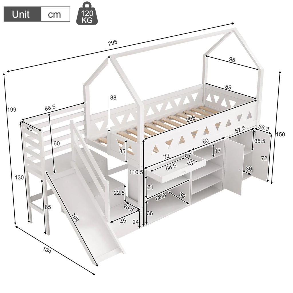 Letto singolo ULEVR 90x200 cm per bambini con scivolo, scale, cassetti e mobile contenitore, bianco