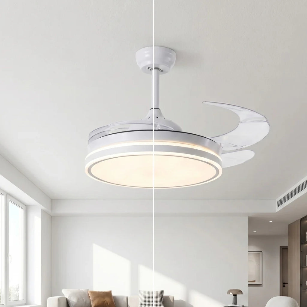 Plafoniera Ventilatore da Soffitto 108cm Pale a Scomparsa, Luce LED Dimmerabile, Telecomando e Motore Silenzioso, Bianco