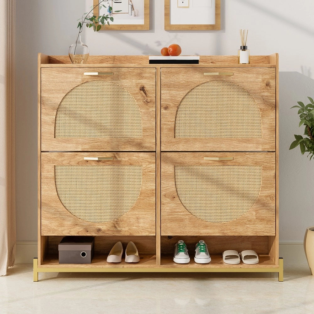 Scarpiera in Legno con Ante in Rattan e Ripiani ¨C MINIMAL ¨C 4 Ante, Metallo