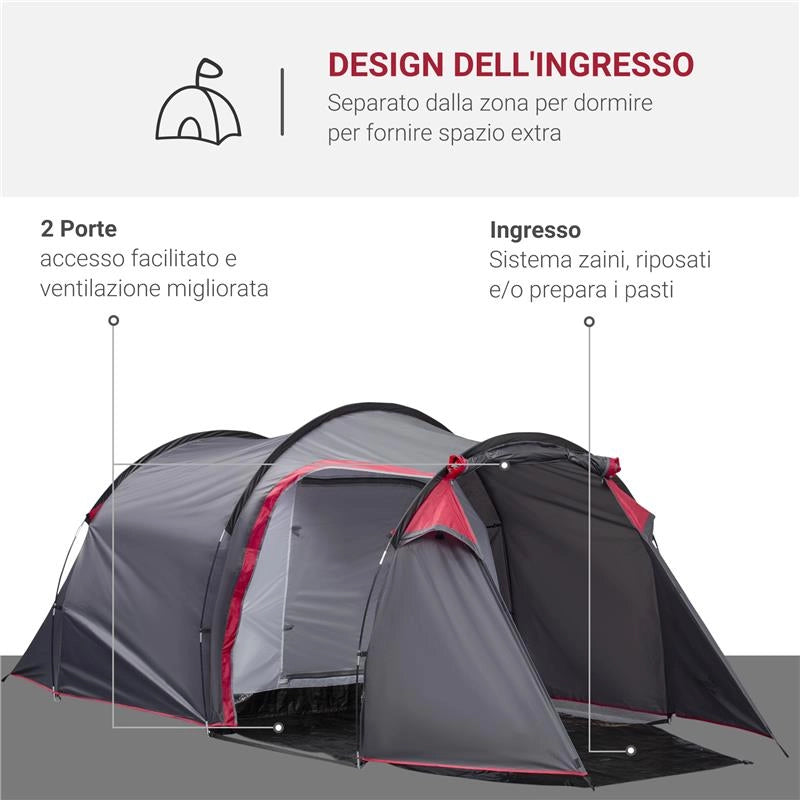 TENDA DA CAMPEGGIO 2 POSTI CON VESTIBOLO E PORTE CON CERNIERA, 426X206X154CM GRIGIO