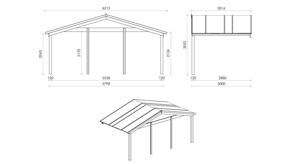 Casetta da giardino in legno con veranda e tettoia - 48m2 - 6x5m - 40mm - colore: naturale - DOM747+DOM556+DOM558+POD04 - ALTANKA
