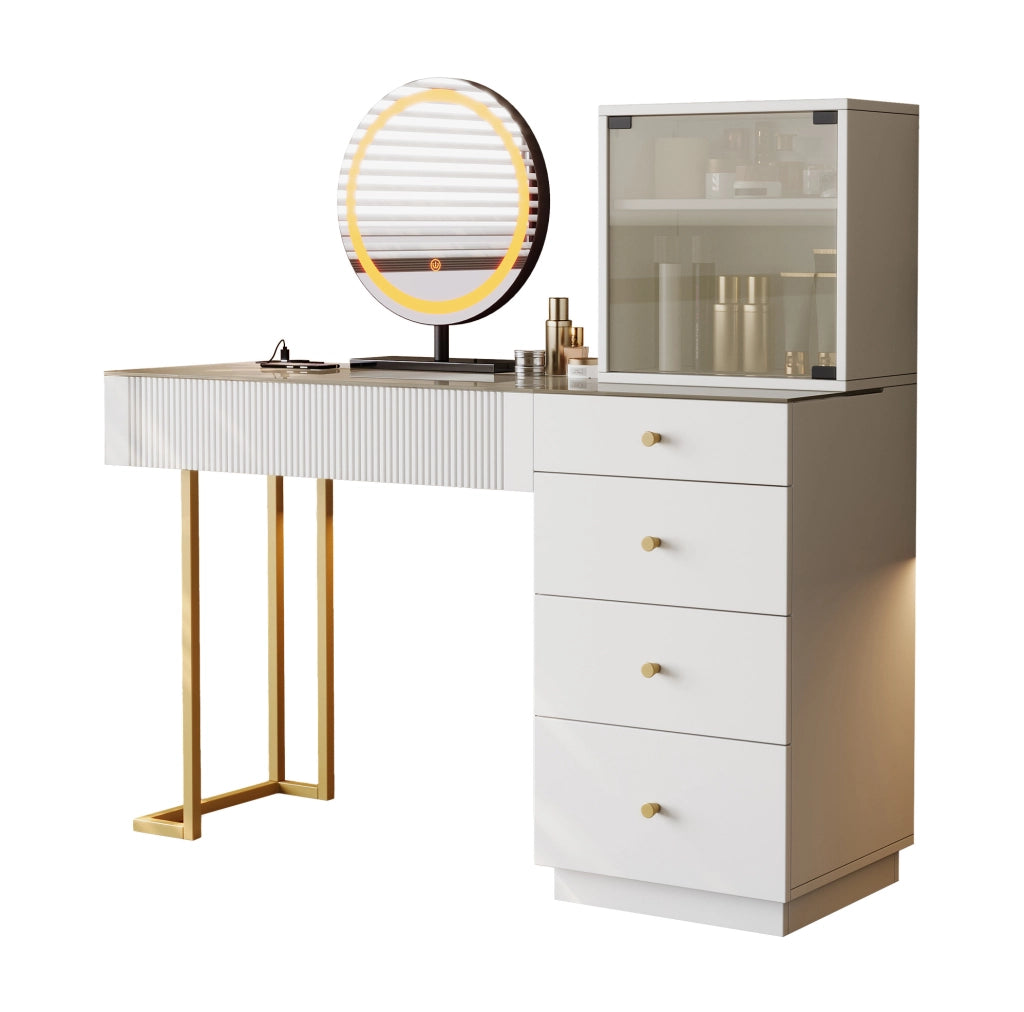 Tavolo da toeletta bianco con specchio LED e 5 cassetti