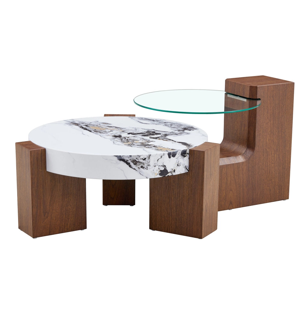 Set 2 tavolini da caffè rotondi in MDF effetto noce e vetro trasparente