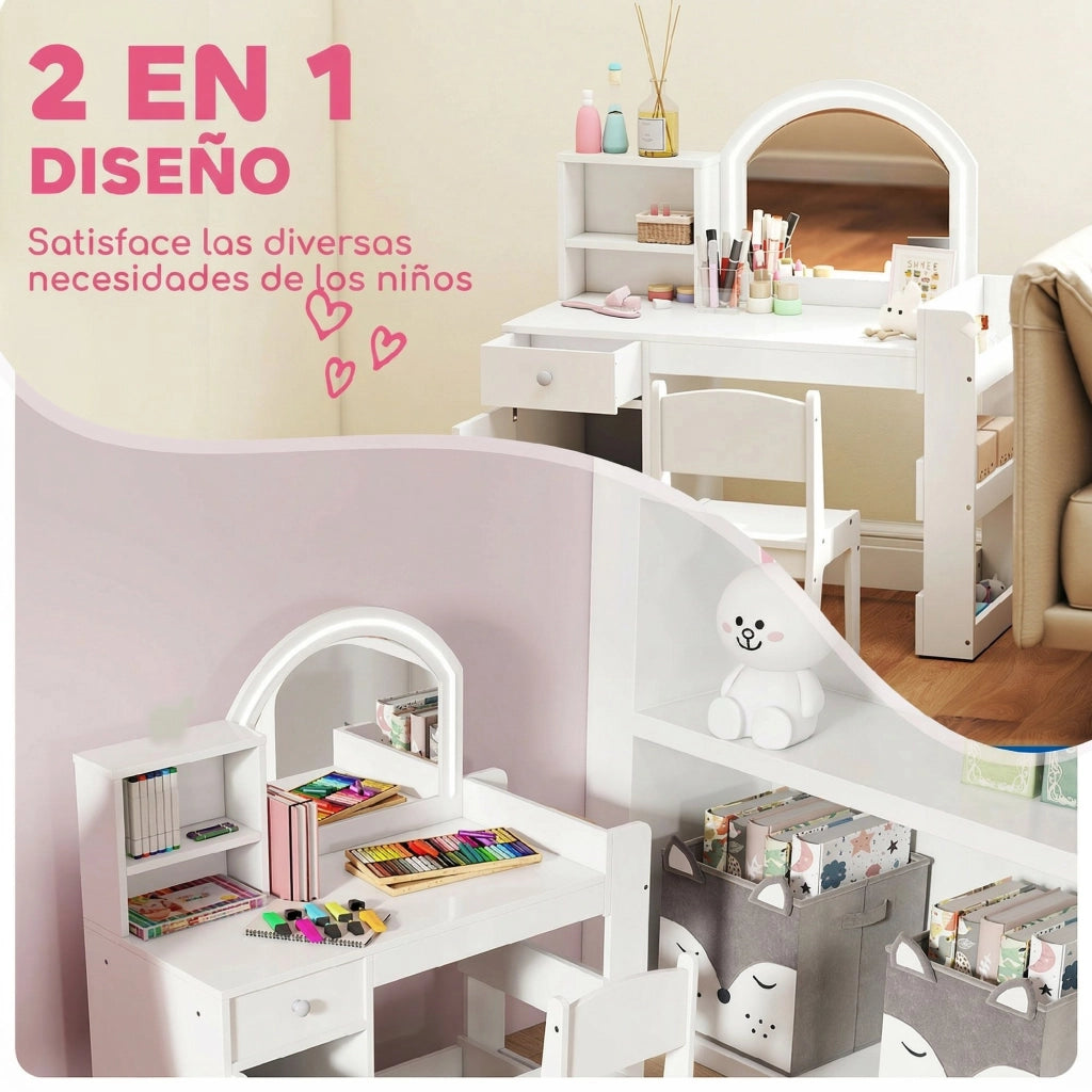 Tocador de Maquillaje per Bambini con Specchio LED e Cassetto ¨C Zephmum ¨C Bianco